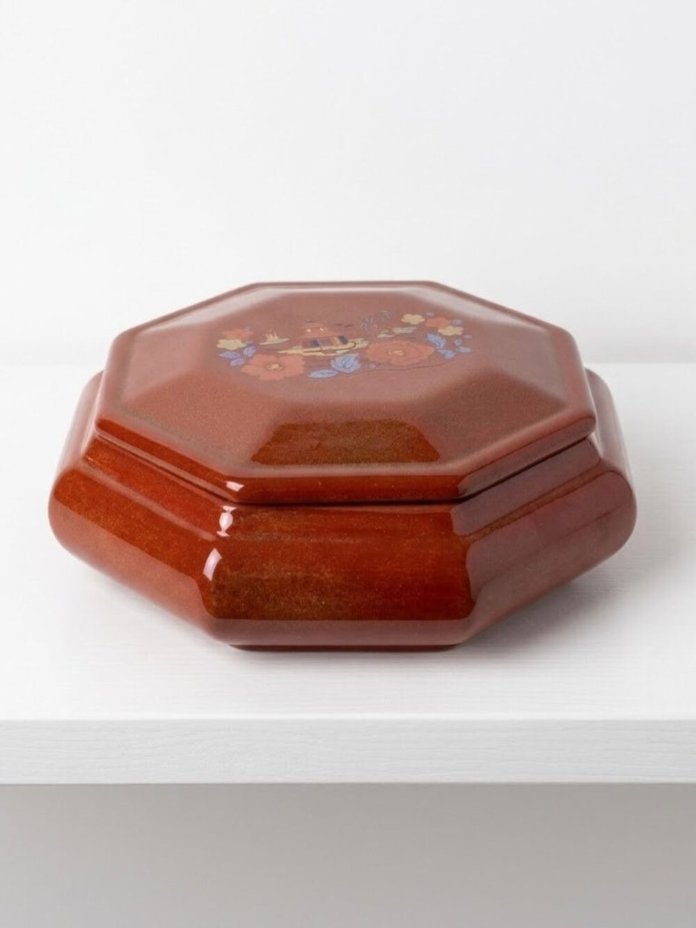 Vintage Lidded Trinket Dish Jewelry Box Asian Chinoiserie Pagoda Floral MCM Vtg